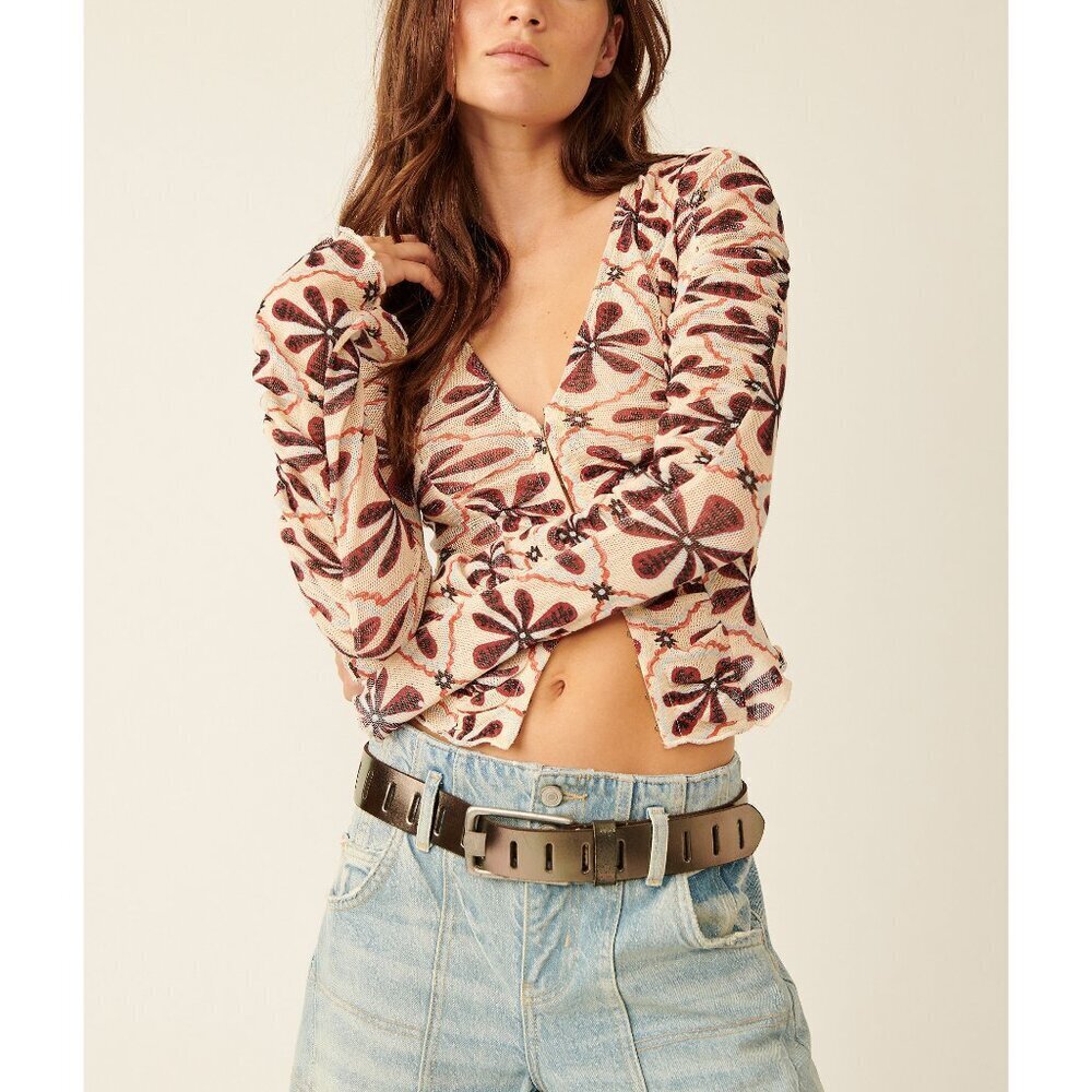 Free People Floral V-Neck Blouse Cardi in Cream and Brown